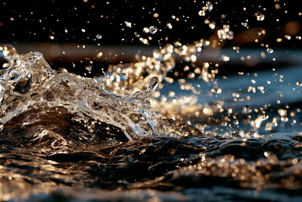 Sprudelndes Wasser mit glitzernden Tropfen.