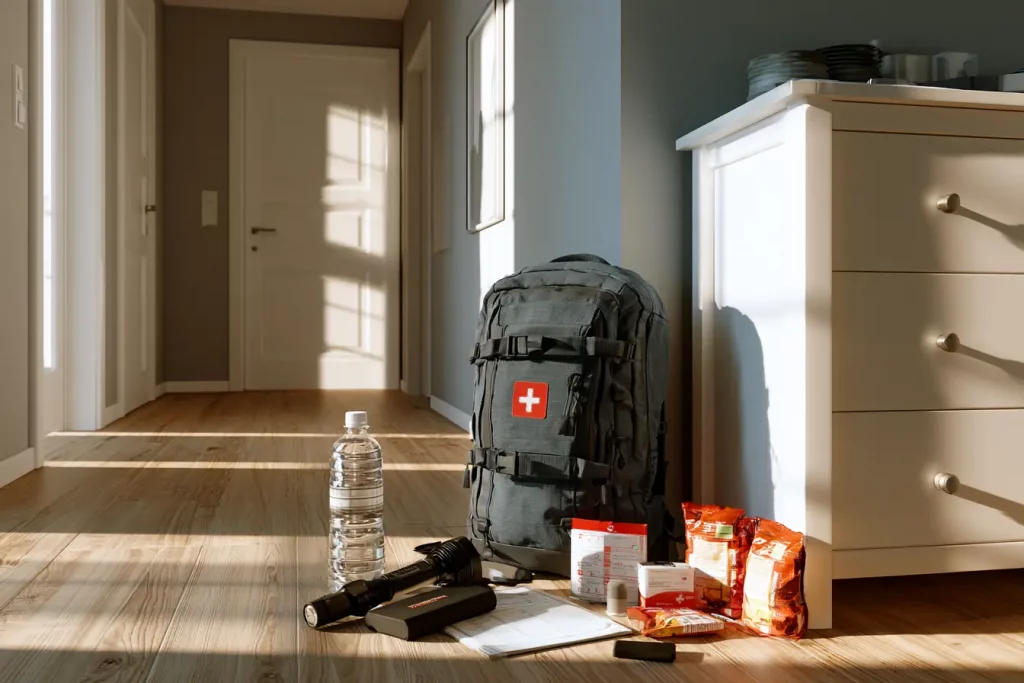 Notfallrucksack mit Wasser, Taschenlampe, Powerbank, Dokumentenmappe und Erste-Hilfe-Set im Wohnungsflur