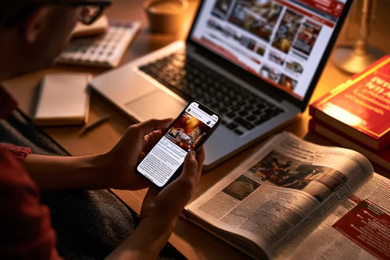 Person nutzt Smartphone am Tisch.