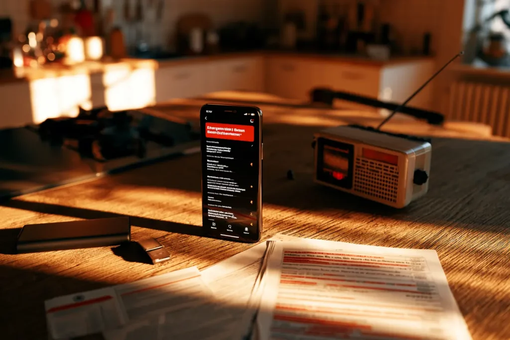 Smartphone mit Warnmeldung neben Powerbank, USB-Stick, Dokumentenmappe und Kurbelradio als Symbol digitaler Krisenvorsorge.