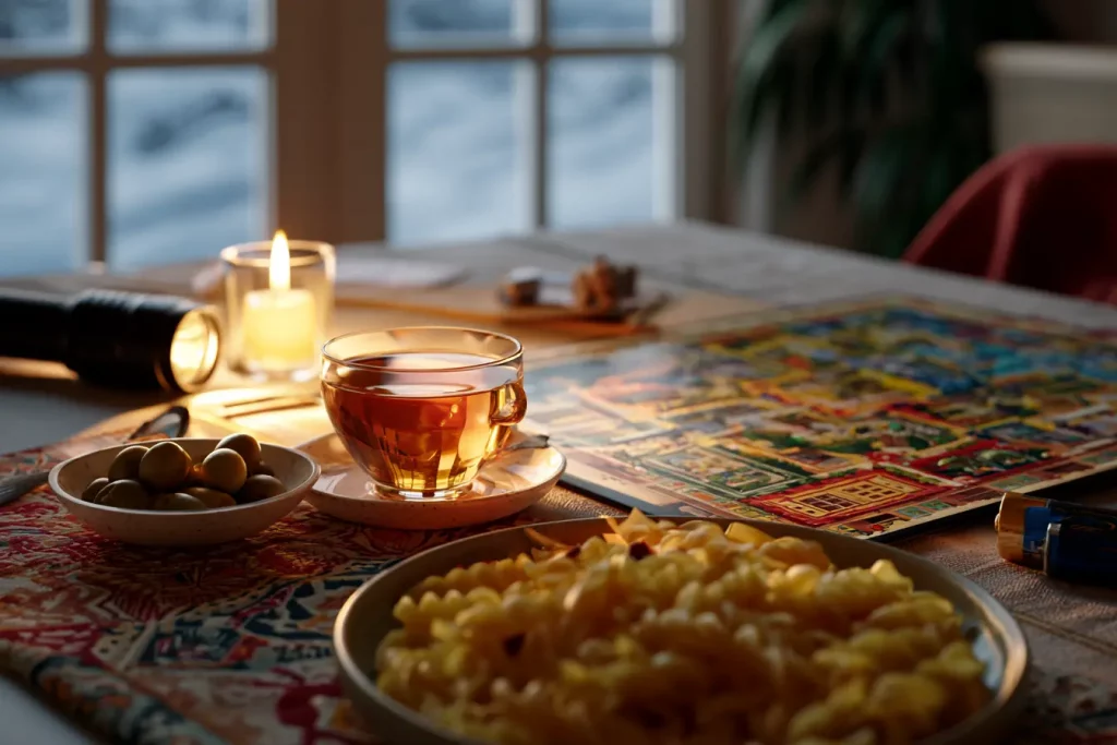 Gemütlicher Küchentisch mit Kerzen, Tee, Brettspiel, Pasta, Oliven und Taschenlampe als Symbol für sanfte Krisenvorsorge.