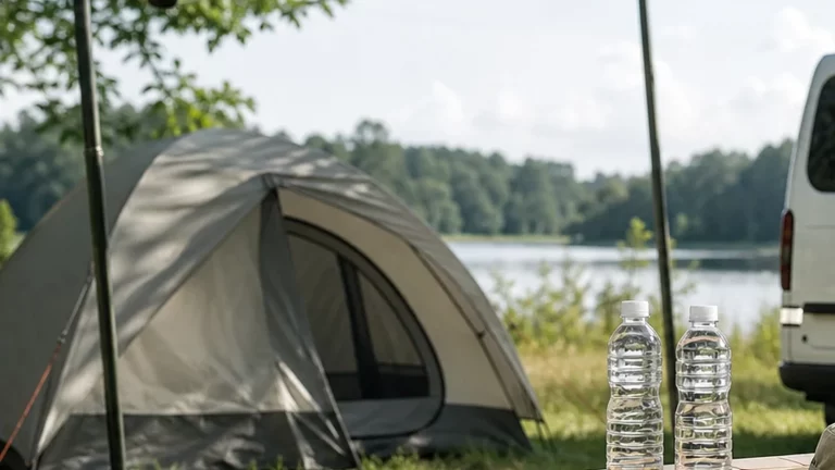 Ruhige Sommeraufnahme am See mit Trinkflaschen und schattigem Aufenthaltsplatz direkt am Ufer