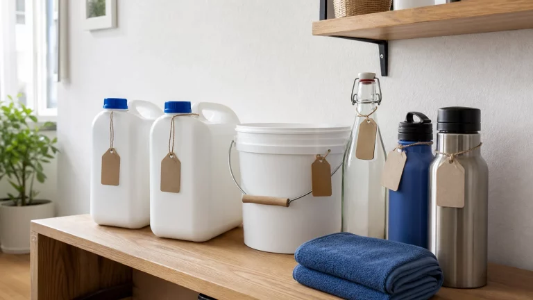 Helle ruhige Haushaltsszene mit kleinen Wasserkanistern, Eimer, beschrifteten Flaschen, Handtuch und sauberem Regal in einer Wohnung bei Tageslicht