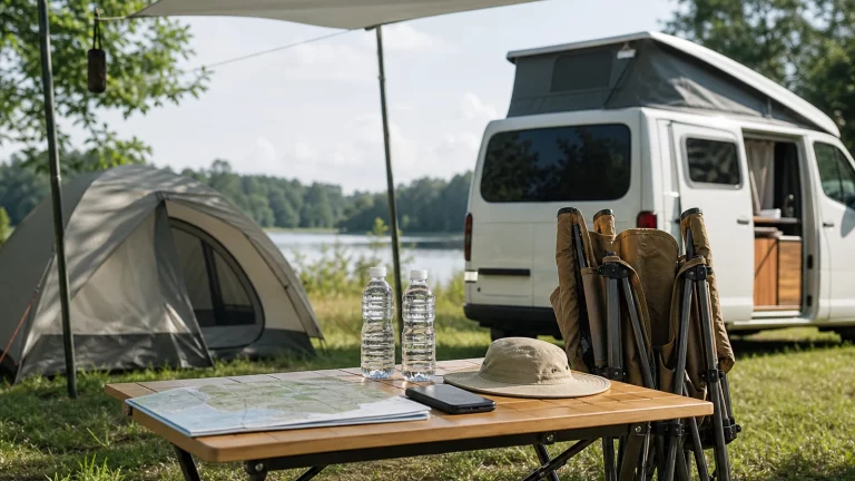 Ruhiger heller Campingplatz mit kleinem Zelt, Campervan, Sonnensegel, Wasserflaschen und zusammengelegten Campingstühlen im weichen Morgenlicht