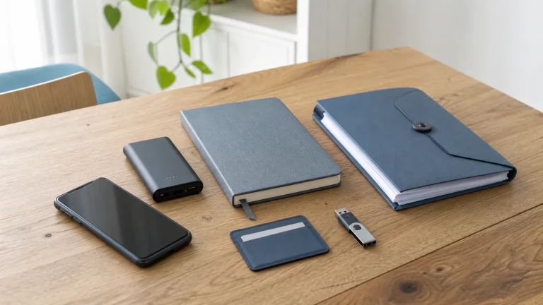 Helle ruhige Szene mit Smartphone, verschlossenem Notizbuch, USB-Stick, Powerbank, Kartenhülle und geordnetem Dokumentenordner auf einem Holztisch