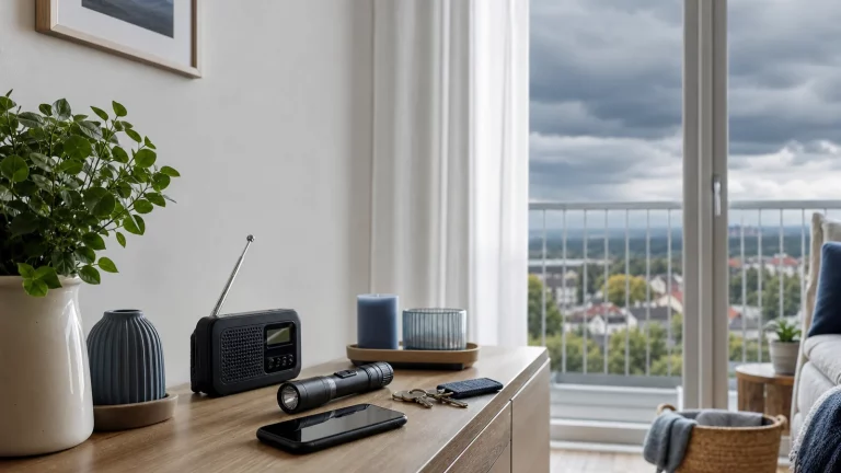 Helle Wohnungsszene mit geschlossenem Fenster, dunklen Sommerwolken in der Ferne, Smartphone, Taschenlampe, Radio und geordneten Alltagsgegenständen zur ruhigen Gewittervorsorge