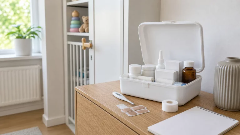 Helle ruhige Szene mit geöffneter Hausapotheke, Thermometer, Pflastern, Medikamentenschachteln, Notiz mit Notfallnummern und sauberem Holzschrank im Hintergrund