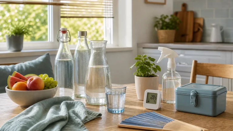 Vorbereitung auf eine Hitzewelle mit Wasser, Obst, Thermometer, Fächer und geschützter Medikamentenbox