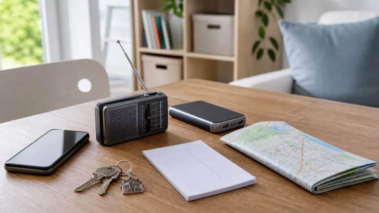 Helle ruhige Wohnszene mit Smartphone, kleinem Radio, Powerbank, Stadtplan, Schlüsseln und handschriftlicher Kontaktliste auf einem Holztisch bei Tageslicht