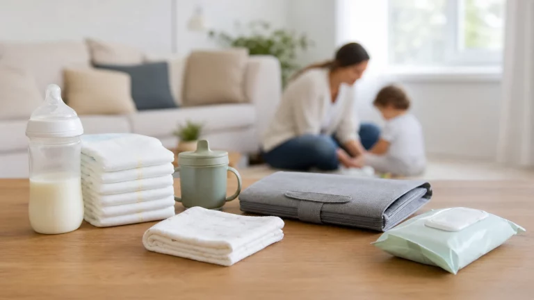 Heller Wohnzimmertisch mit Babyflasche, Windeln, Trinkbecher, kleiner Dokumentenmappe und ruhiger Familienszene im Hintergrund