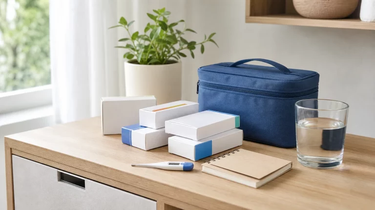 Ruhige helle Szene mit Medikamentenschachteln in Originalverpackung, Thermometer, kleiner Isoliertasche und Notizblock auf einem hellen Schrank bei natürlichem Tageslicht