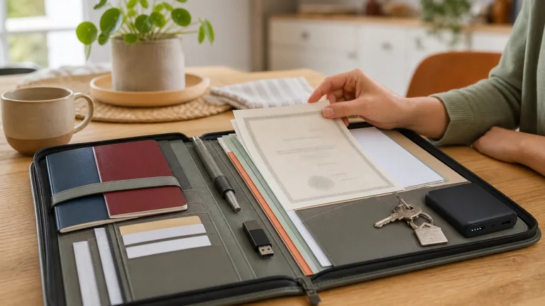 Geöffnete Notfallmappe mit Dokumentkopien, USB-Stick, Schlüsseln und Powerbank auf einem Tisch