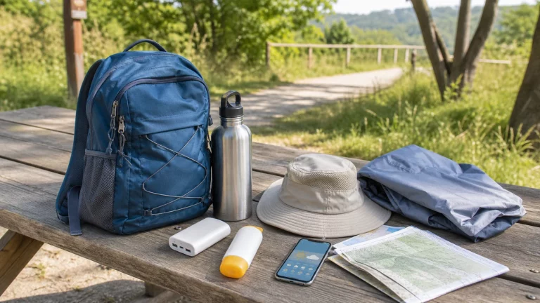 Heller Rastplatz mit kleinem Tagesrucksack, Trinkflasche, Sonnenhut, Powerbank, leichter Jacke und Smartphone zur Vorbereitung eines Sommerausflugs