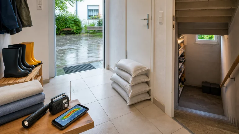 Heller Hauseingang mit Blick auf einen Kellerabgang, Sandsäcken, Taschenlampe, Radio, Smartphone mit Wetterkarte und Gummistiefeln zur Vorbereitung auf Starkregen