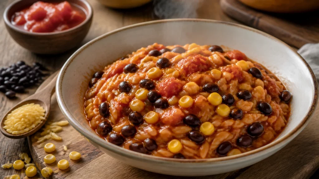 Ein tiefer Teller mit Tomaten-Orzo, schwarzen Bohnen und Mais auf einer Holzoberfläche