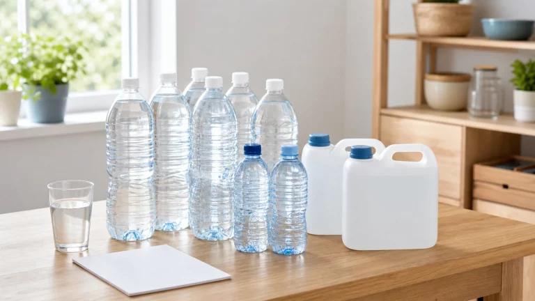 Helle ruhige Küchenszene mit Trinkwasserflaschen, kleinen Kanistern, Glas auf Holztisch und geordnetem Vorratsregal im Hintergrund