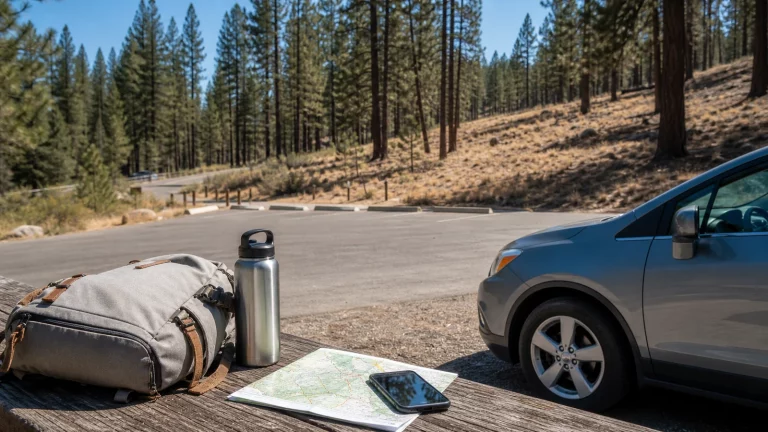 Helle sommerliche Szene an einem ausgewiesenen Parkplatz am Waldrand mit geordnet abgestelltem Auto, Rucksack, Wasserflasche, Smartphone und trockenem Kiefernwald ohne Rauch oder Dramatik