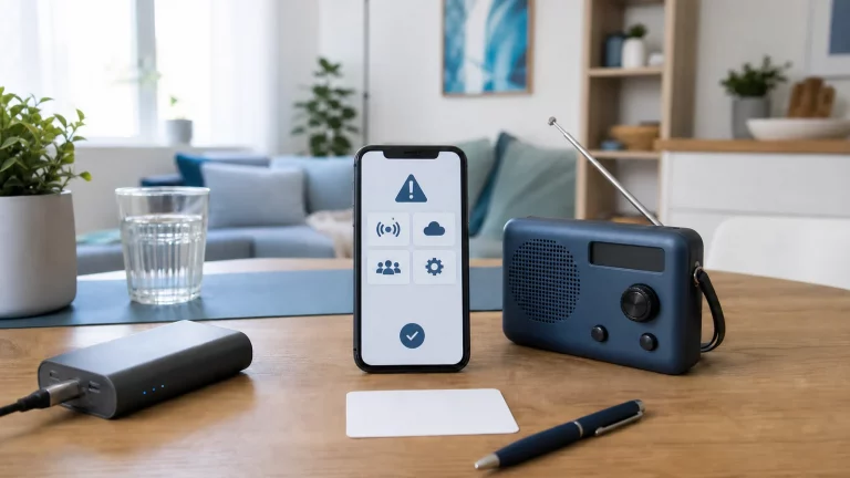 Helle Alltagsszene mit Smartphone auf Holztisch, geöffneter Warn-App, kleinem Radio, Powerbank, Notizkarte mit Kontakten und ruhiger Wohnung im Hintergrund