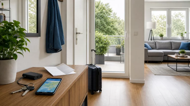 Helle ruhige Wohnungsszene vor einer Sommerreise mit gepacktem kleinem Koffer, Smartphone, Powerbank, Schlüsseln und geschlossenem Balkonzugang