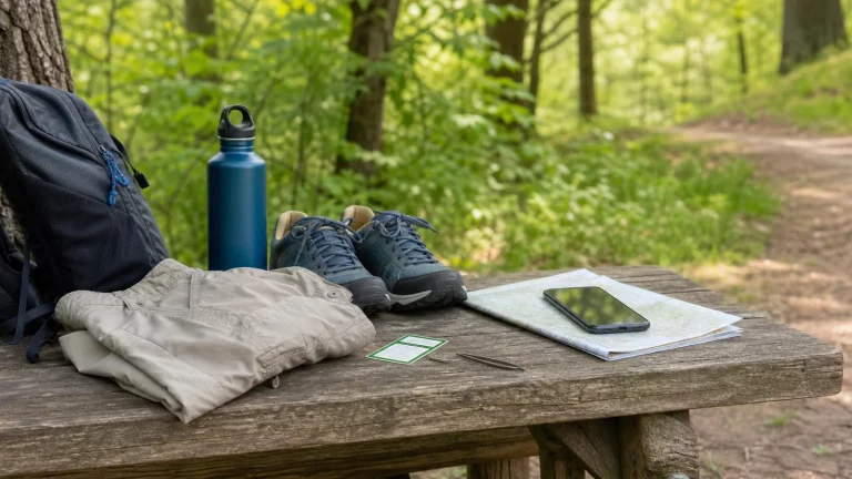Helle sommerliche Szene an einem Holztisch am Waldrand mit Rucksack, Wasserflasche, Wanderschuhen, heller Hose, Smartphone, Karte und kleinem Zeckenwerkzeug ohne Drama
