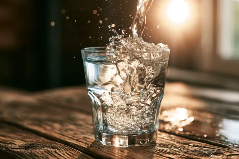 Wasser fließt in ein Glas.