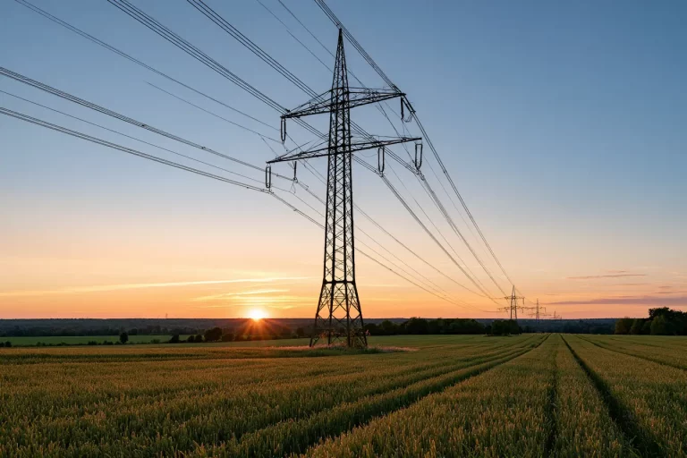 Strommast vor Sonnenuntergang im Feld