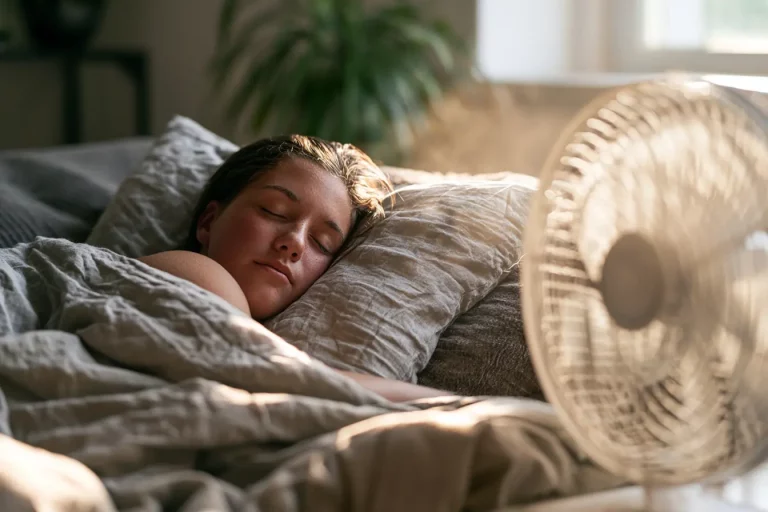 Schlafende Person mit Ventilator im Zimmer